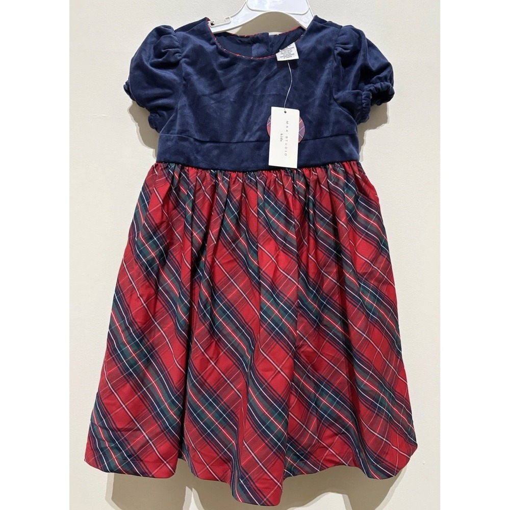 Max Studio Kids Holiday Red Blue Green Plaid Dress With Bow Size 5 Christmas NWT